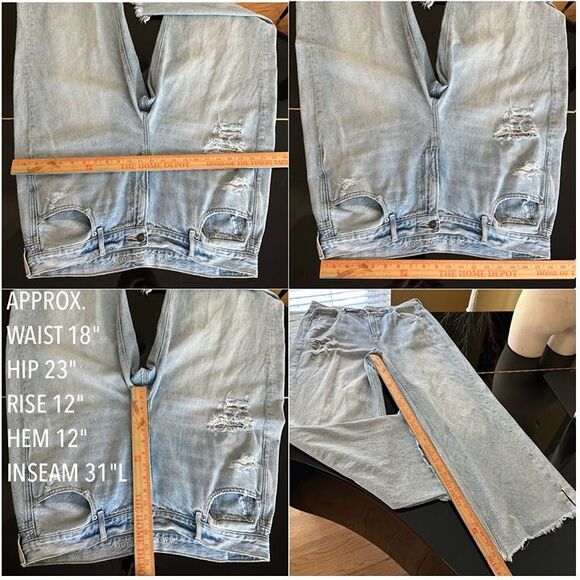 AE Skater Jeans Drapey Rigid Baggy Wide Leg Distressed Light Wash Raw Hem 16 - Picture 11 of 12